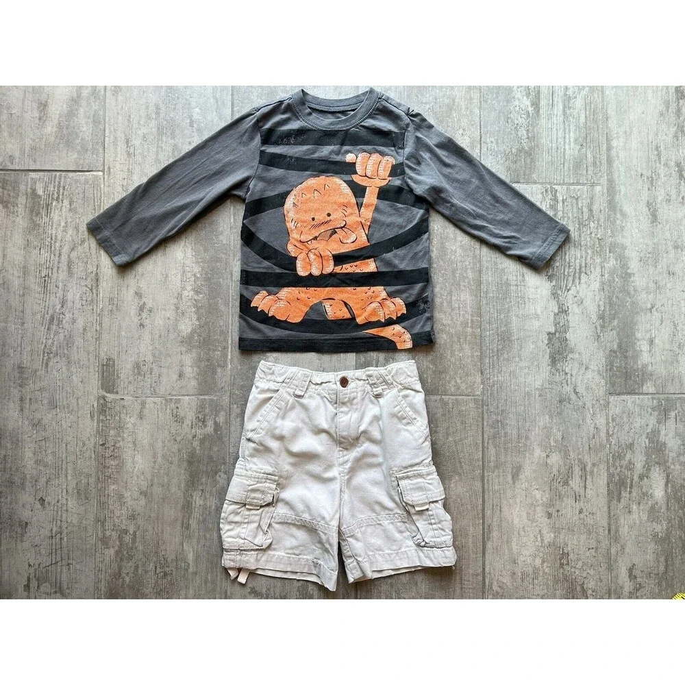 Toddler Boy 2 Piece Outfit Set Tan Khaki Cargo Shorts Long Sleeve T-Shirt Tee 3T